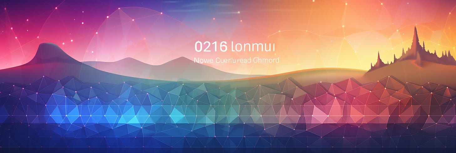 A digital landscape featuring geometric, low-poly mountains under a gradient sky from blue to orange with a network of connected dots resembling stars, and text overlay that appears to be a code or title on the image.
