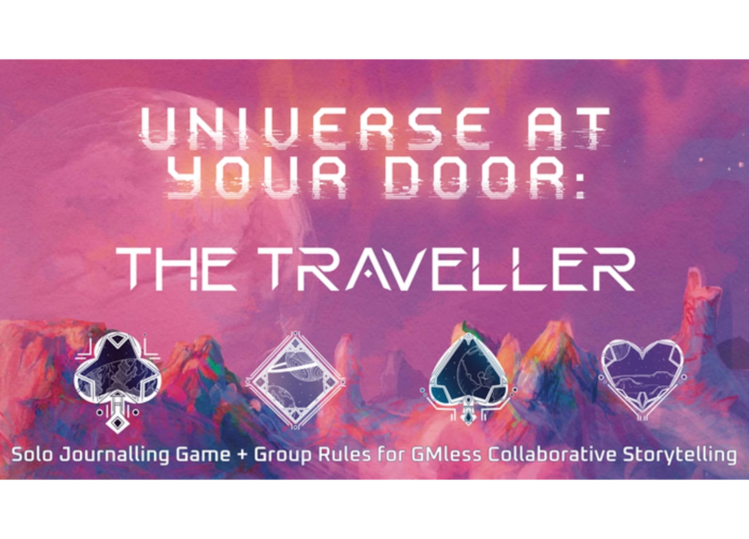 Over a background of a fushia and lavender spacescape is that title and playing card suits designed as mechanical sci-fi motifs containing their own illustrated spacescapes. 