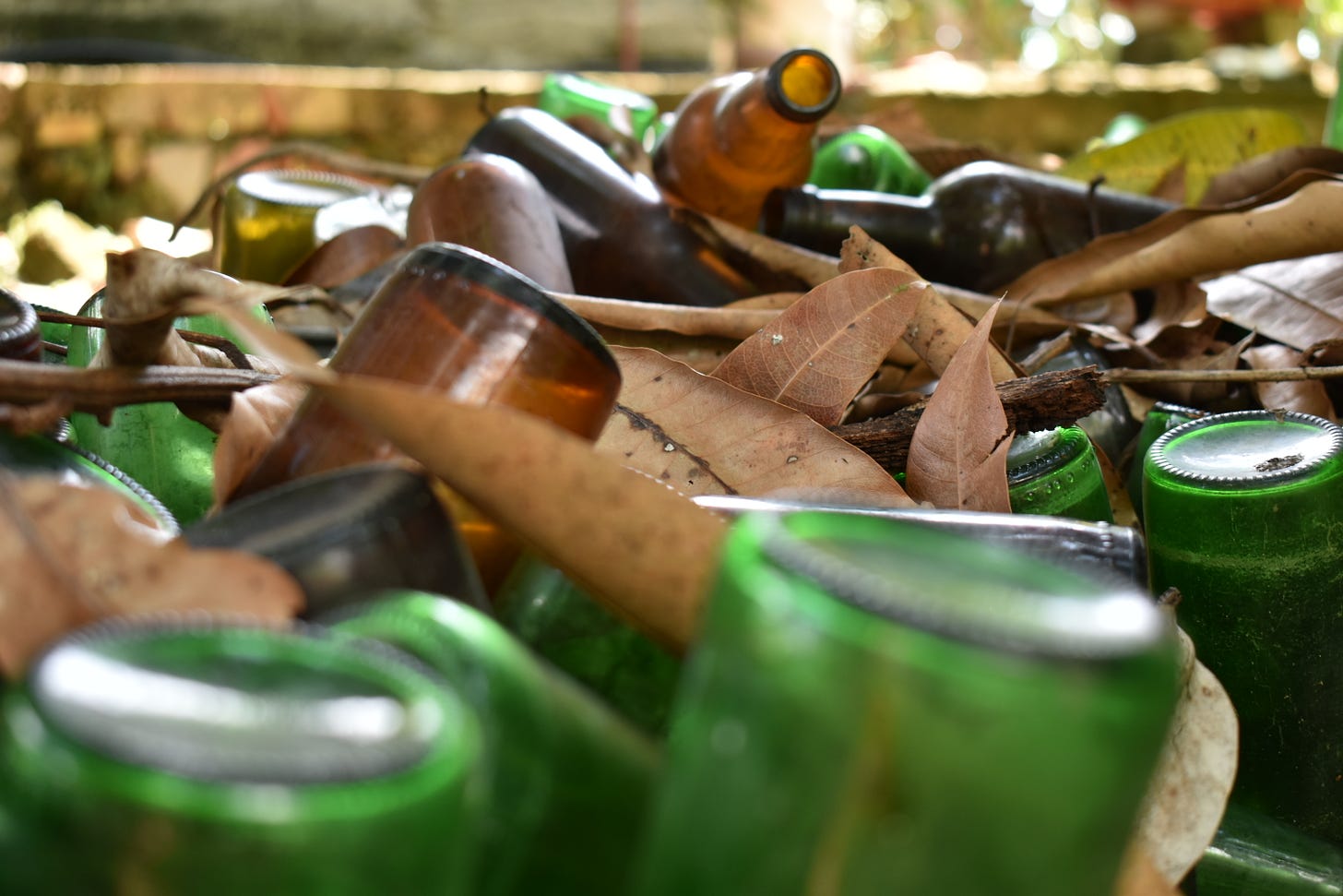 Foto de botellas, más precisamente las que quedan de las que se solían utilizar para envasar el puré de tomates.