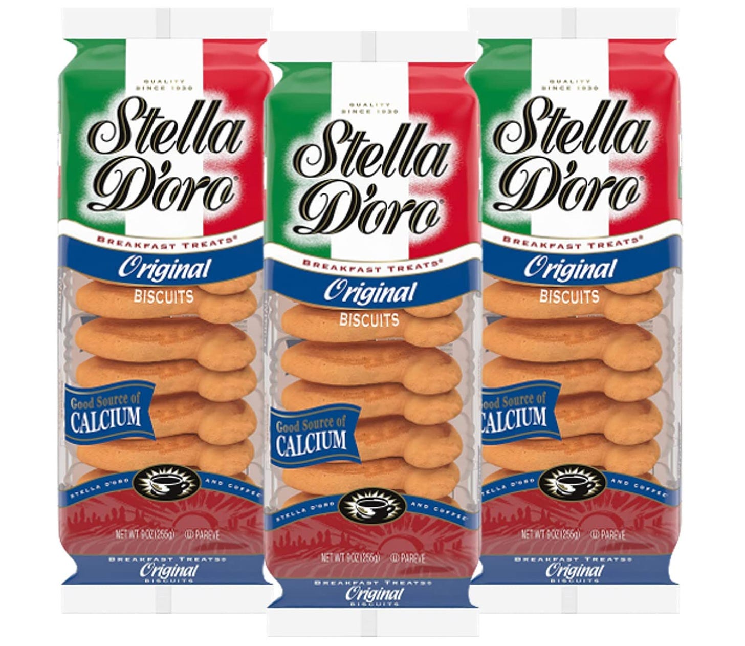 Three enticing packages of Stella D'oro Original Biscuits. The green, white, and red colors of the Italian flag adorn the top of each package.