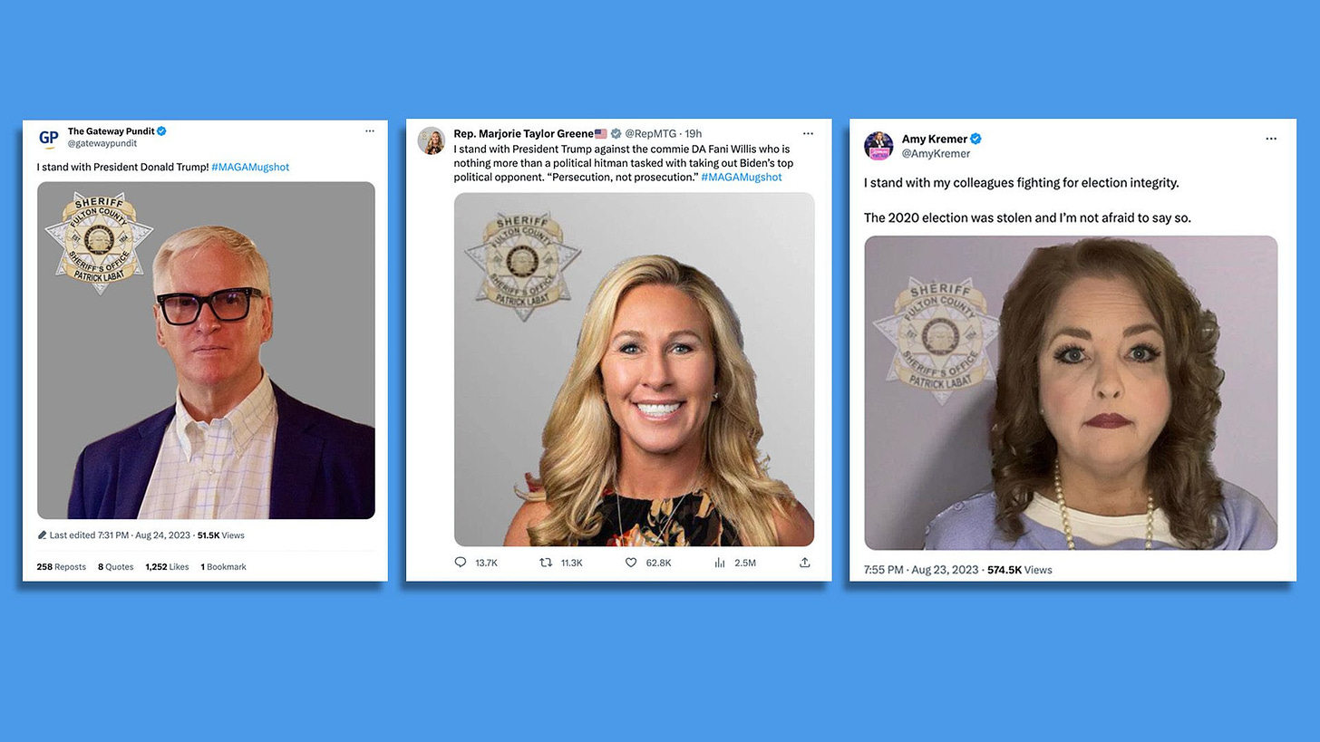 Tweets from three conservatives — including Rep. Marjorie Talyor-Greene — showing fake mug shots they posted after former President Trump's arrest in Georgia.