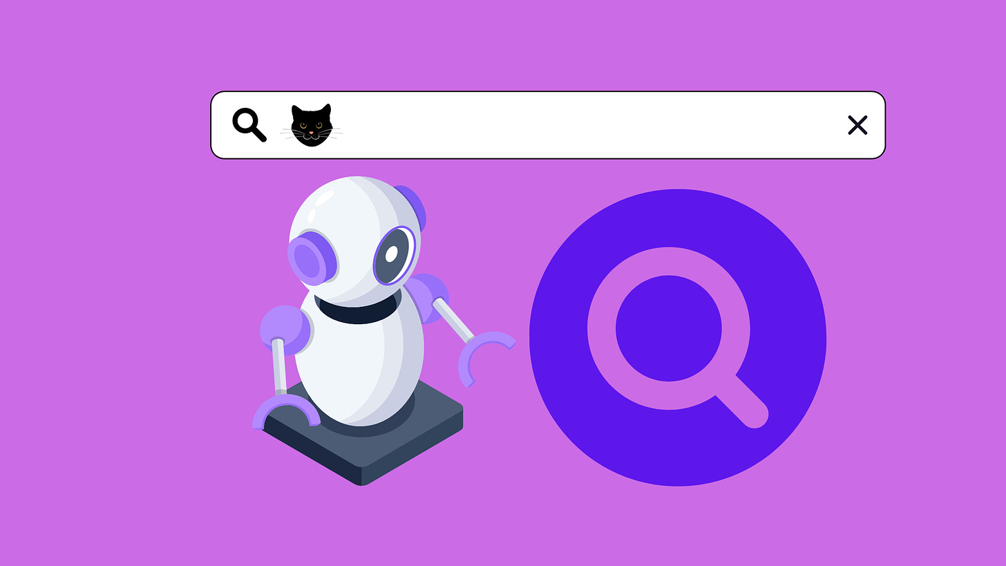 Image of robot, search icon, search bar and cat face.