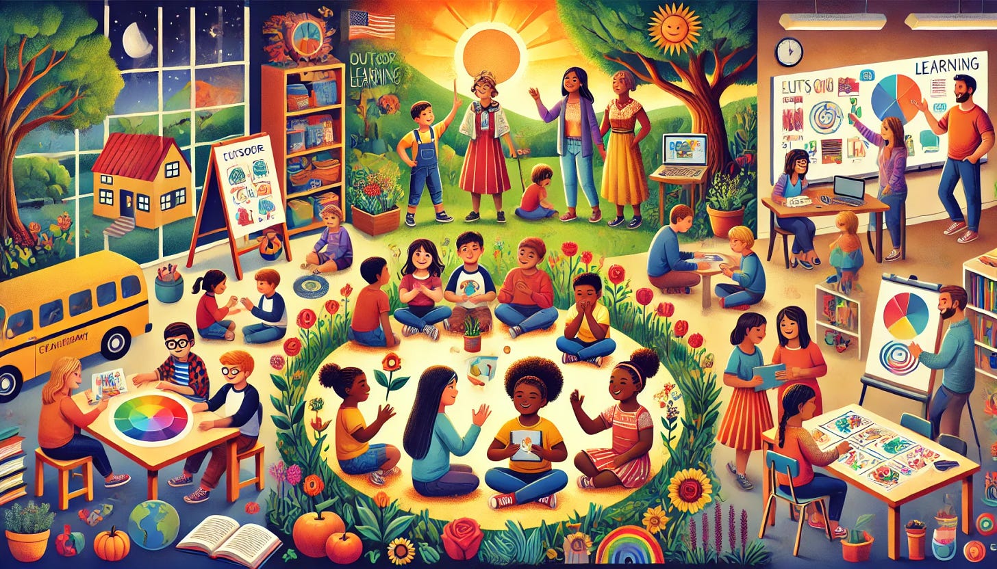 A vibrant illustration depicting a classroom and outdoor learning environment bustling with activity. In the foreground, children sit in a circle on grass surrounded by flowers, engaging in activities like storytelling, holding plants, and playing games. To the left, students gather around a table with a color wheel, while a school bus and a house are visible outside large windows showing a nighttime scene with the moon. In the background, children and teachers engage in various tasks: presenting on whiteboards, reading, painting, and planting flowers under a bright sun.