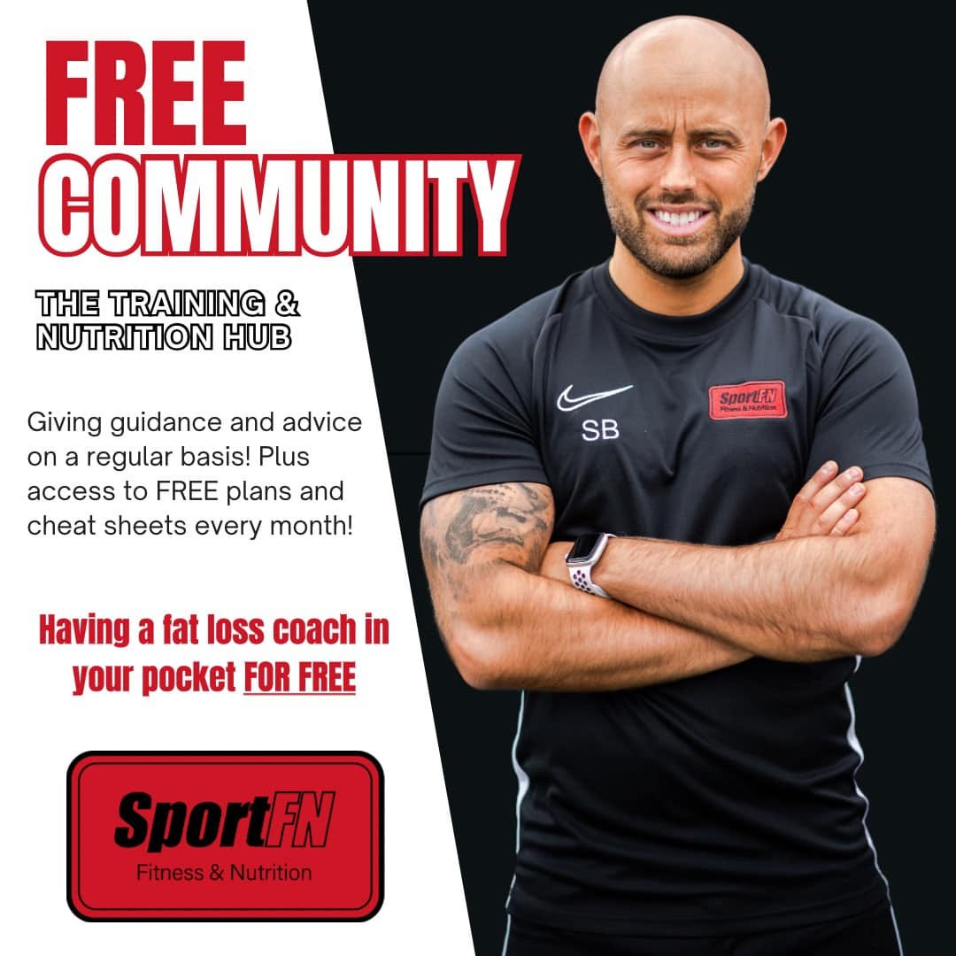 May be an image of ‎1 person and ‎text that says "‎FREE COMMUNITY THE TRAINING & NUTRITION Giving guidance and advice on a regular basis! Plus access to FREE plans and cheat sheets every month! SportFN Soore SB یه Having a fat loss coach in your pocket FOR FREE SportFN Fitness & Nutrition‎"‎‎