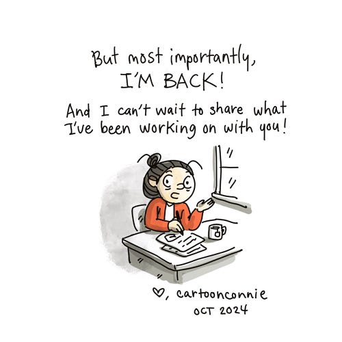 A Long Time Away (4/4) Illustration of a cartoon girl with a bun sitting at a desk, drawing, no longer stranded on an island. Caption reads, "But most importantly, I'M BACK! And I can't wait to share what I've been working on with you!" Original artwork by Connie Sun, cartoonconnie, 2024