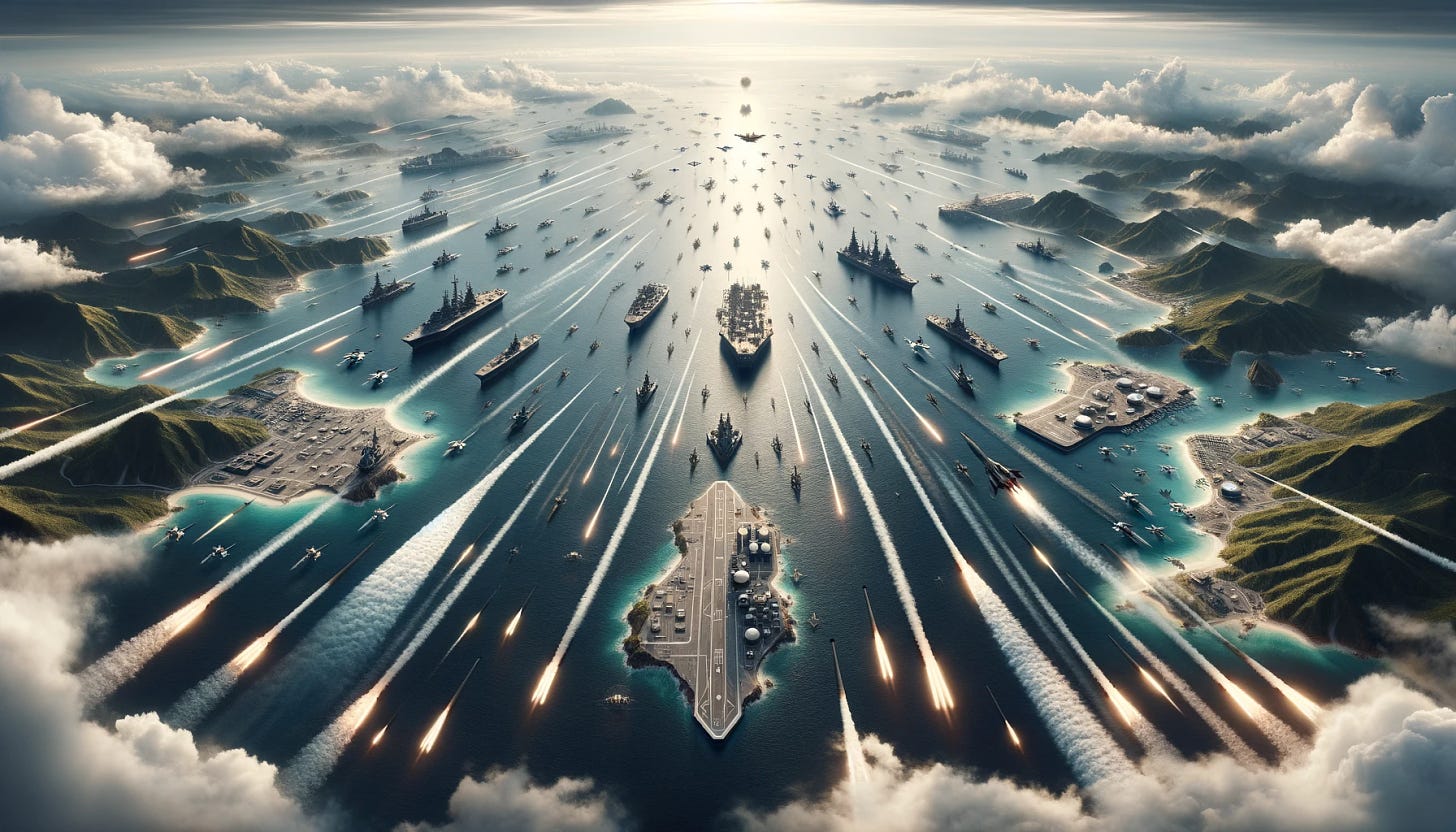 An expansive, panoramic view of a futuristic war taking place across a sprawling archipelago, where each island is a hotbed of military activity. This scene illustrates a massive scale of conflict with a dense, interwoven display of air, sea, and land engagements. The air is thick with the trails of countless missiles, crisscrossing the sky, launched from hidden silos on the islands and from the decks of advanced naval vessels. These missiles, some sleek and fast for precision strikes, others larger and menacing for major impacts, are aimed at strategic targets across the islands. The islands themselves are bristling with defense mechanisms, including anti-aircraft systems and drone launch pads, creating a network of firepower and surveillance. Drones of various sizes and designs provide air support, engage in dogfights, or perform reconnaissance missions, adding another layer to the battle's complexity. Between the islands, the sea is alive with naval warfare, showcasing submarines surfacing to launch their deadly payloads, destroyers maneuvering for tactical advantages, and aircraft carriers deploying waves of drones. The scene is a vivid depiction of modern warfare's evolution, where technological superiority and strategic dominance are contested across every domain.