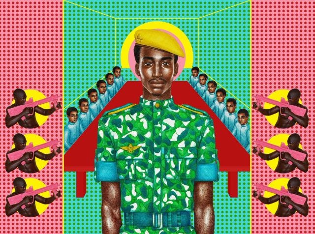 A colorful green and pink background with stylized images of Burkina Faso's president Thomas Sankara, surrounded by young men holding pink assault rifles