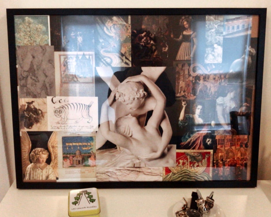 Low-definition photo of a picture frame with several different postcards from museums with reproductions of art pieces