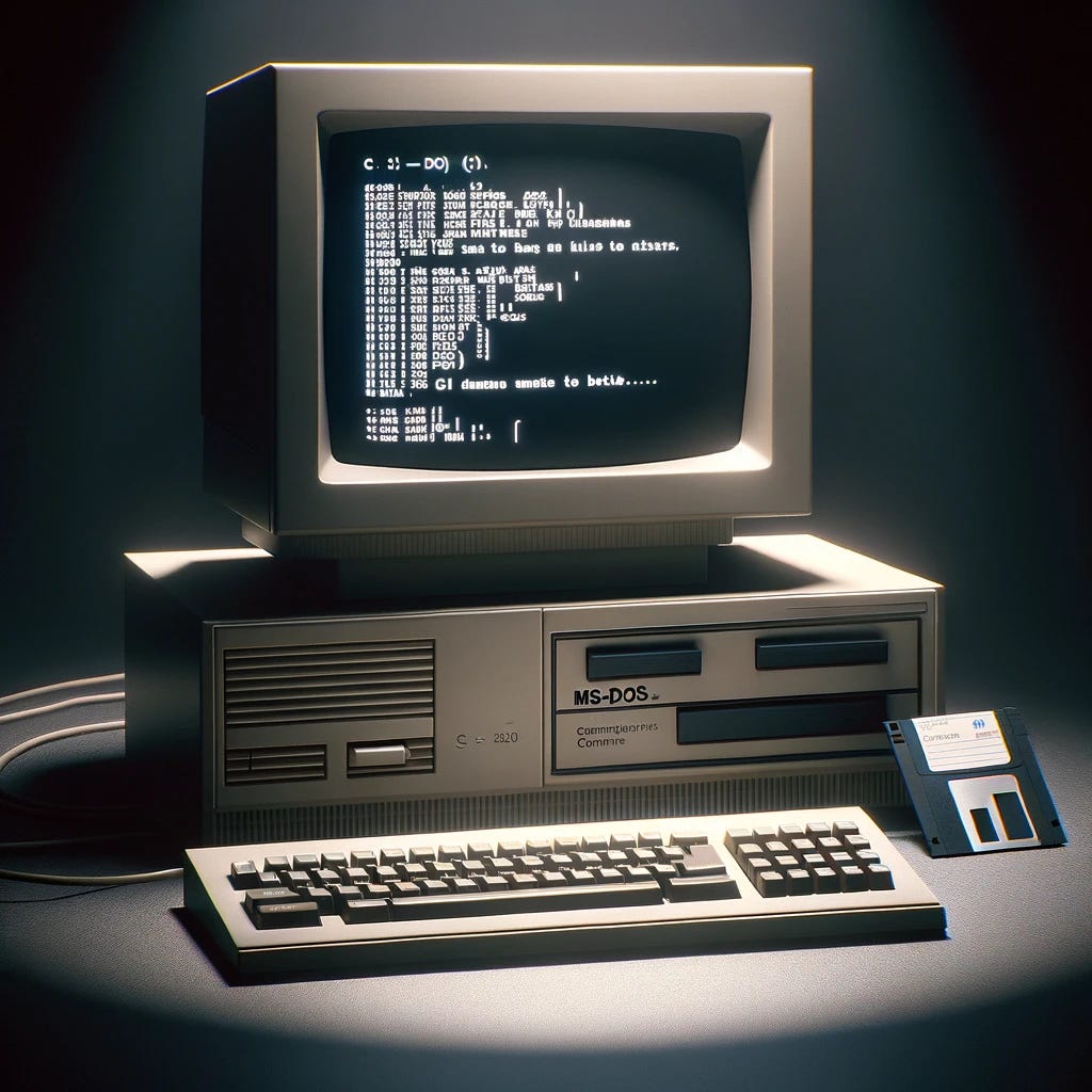 Visualize a retro computer setup with a black screen displaying white text, highlighting a classic MS-DOS interface. The scene is set in a dimly lit room, casting soft glows on the vintage computer, which features a bulky CRT monitor, a keyboard with distinctive clicky keys, and a base unit with floppy disk drives. The screen shows a command prompt typical of the MS-DOS operating system, displaying a C:\> cursor waiting for input, surrounded by text that represents previous commands and outputs. This setup evokes a sense of 1980s computer technology nostalgia.