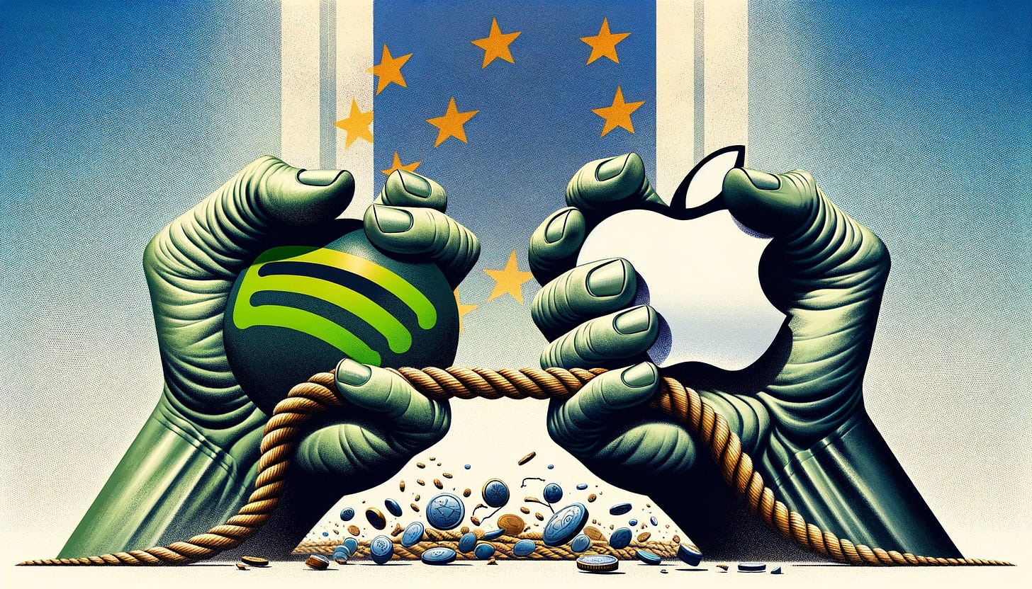 Digital illustration showing a metaphorical tug of war between two giant hands, one adorned with the green and black color scheme and logo of Spotify, and the other featuring the silver and white color palette and logo of Apple. The rope between them is noticeably frayed, symbolizing the intense conflict and tension in the ongoing debate over app store regulations. In the background, the European Union flag is subtly depicted, highlighting the EU's significant role in this conflict. The image is dynamic, effectively conveying the central theme of regulatory disputes between major tech companies