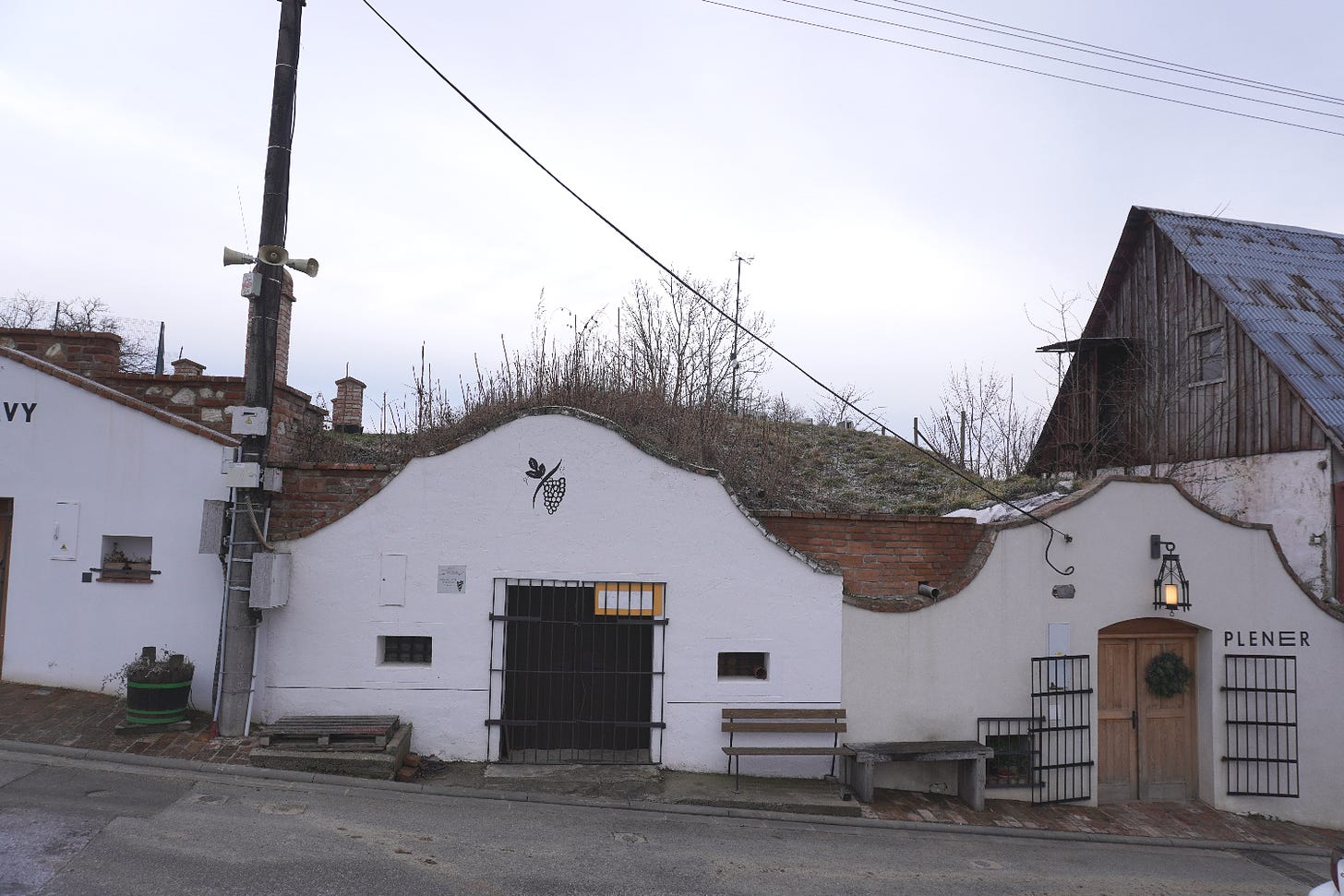 Wine cellars on a 'kellergasse' in Pavlov, Moravia.