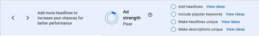 Google AdWords Interface showing ad strength