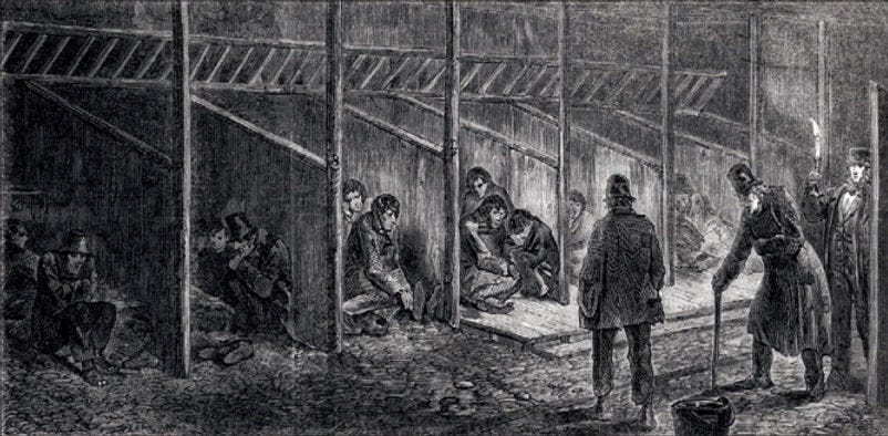 A scene from an English workhouse where residents are sleeping in stables