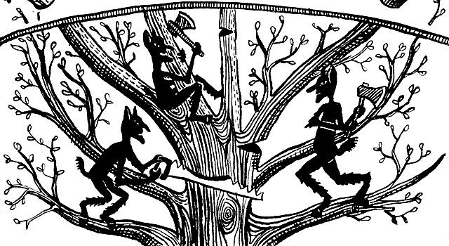 illustrazione in bianco e nero che raffigura i kalikantzaroi della tradizione greca mentre segano un albero