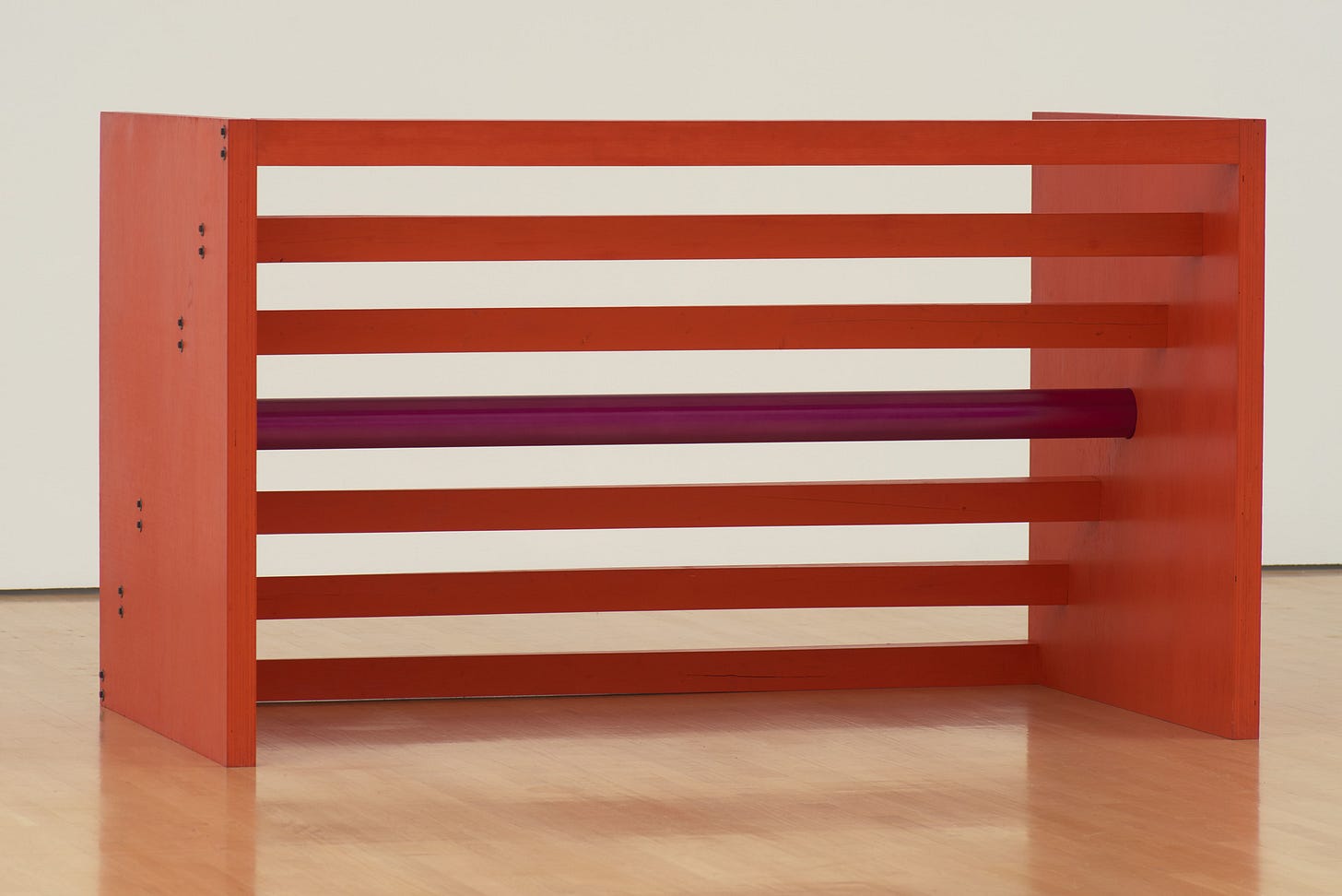 Donald Judd. _Untitled_. 1963/1975. Cadmium red light oil on wood and purple lacquer on aluminum. 48 × 83 × 48" (121.9 × 210.8 × 121.9 cm). National Gallery of Canada, Ottawa. © 2020 Judd Foundation / Artists Rights Society (ARS), New York