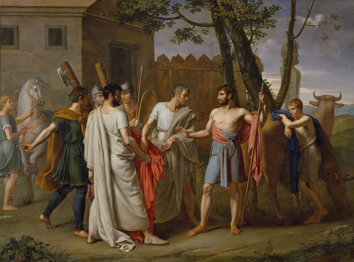 Cincinnatus Leaves the Plough to Dictate Laws to Rome by Juan Antonio Ribera, 1806 (public domain - Wikipedia)