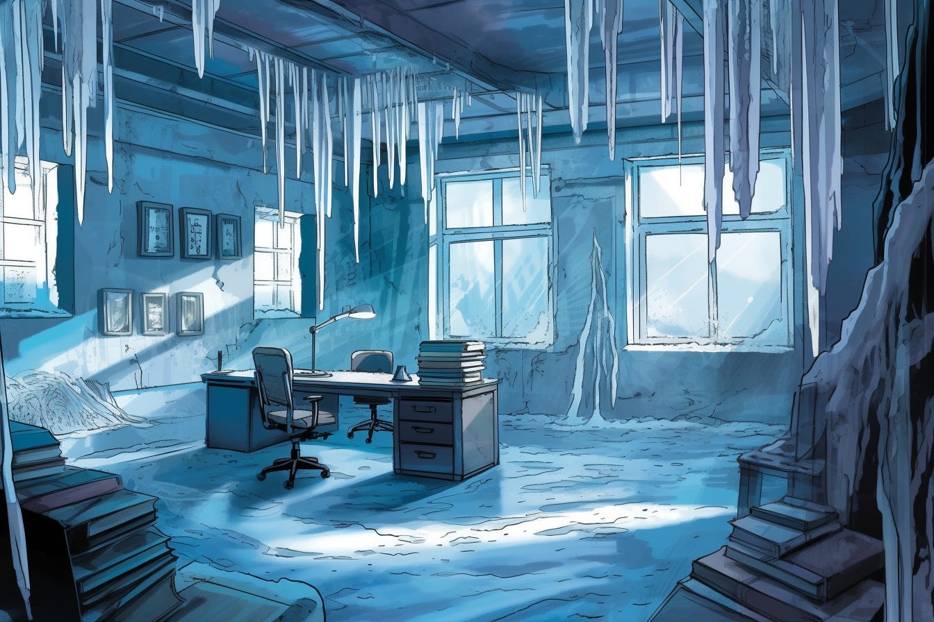 A lonely desk in an office. The office has icicles hanging from the ceiling