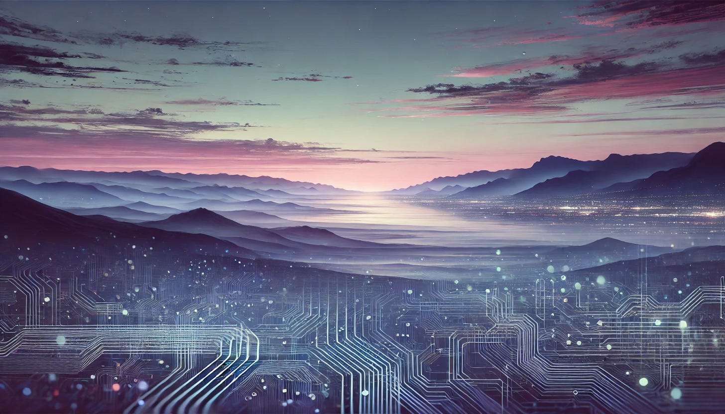 A serene yet thought-provoking landscape for an AI security blog titled 'Final Thoughts.' The scene is an expansive digital horizon at twilight, where soft pastel hues blend from blue to pink and purple, symbolizing transition and reflection. In the foreground, subtle, abstract lines and circuits fade into the natural landscape, suggesting the integration of technology and nature. Distant mountains in the background are shadowed, and a calm body of water reflects the colors of the sky. The atmosphere feels contemplative, with a touch of mystery and peace.