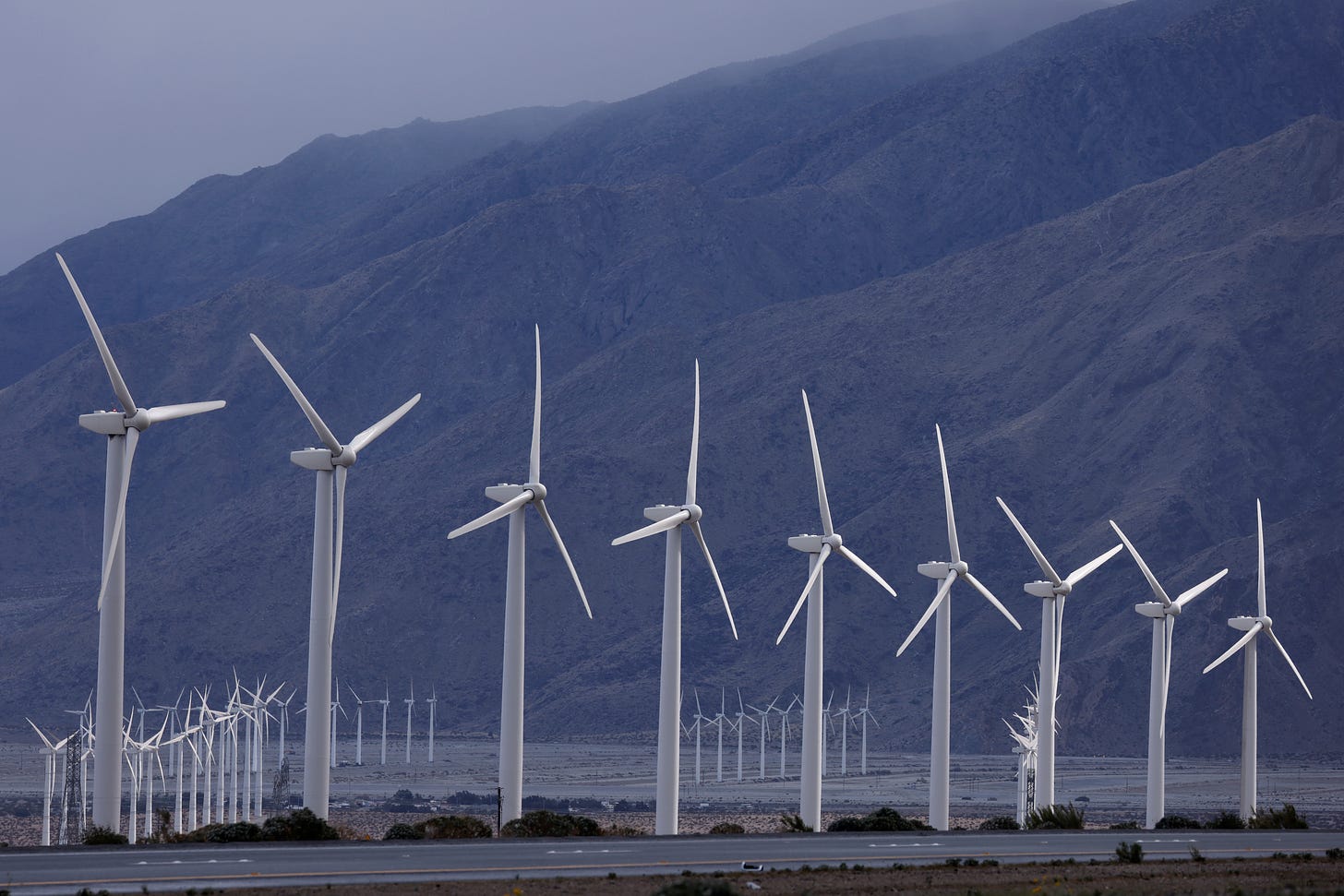 Wind turbines spin during a winter storm near Palm Springs, California