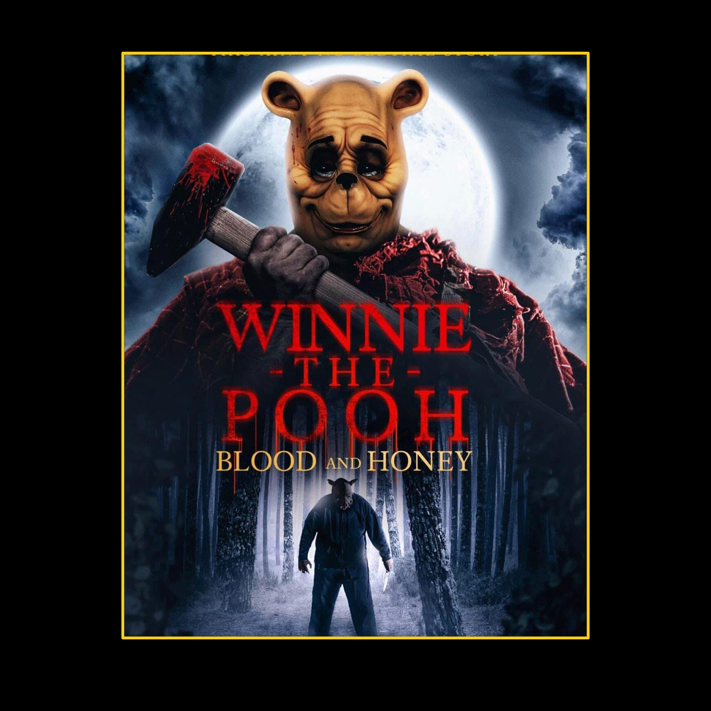 A poster for the movie Winnie-the-Pooh: Blood and Honey. A grotesque create that seems to be a bear-man hybrid looms over the title holding a bloody axe.   5.   Self Portrait: Homage a Cezanne, Miki Hayakawa, ~1924     A painting of a Japanese American woman sitting at a table in front of an open book, some citrus, and a vase. She wears an orange dress with a white collar and a 20s style bob.