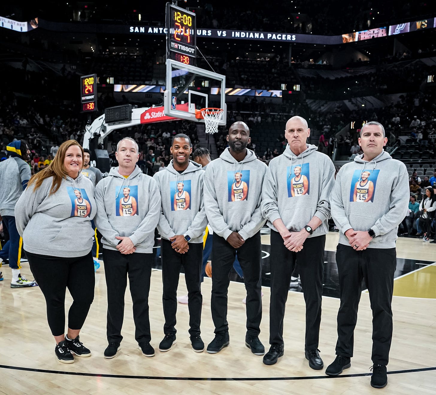 The Pacers coaching staff wore special hoodies to honor David Benner Thursday in San Antonio
