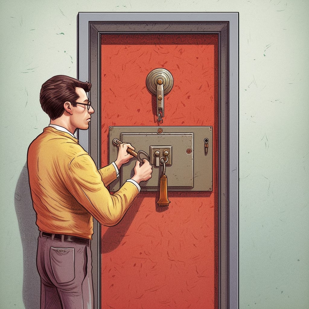 a male who is sales person unlocking a door that has a plaque on it that says "Compelling Event"