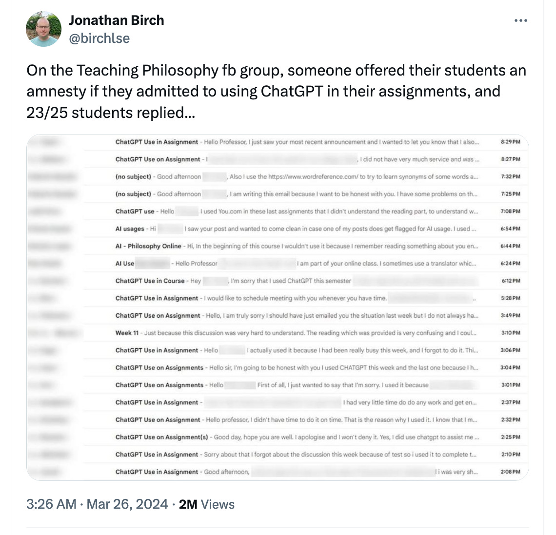 College humanities instructor offers amnesty for students who admit to using ChatGPT in their class—and 23 out of 25 students responded