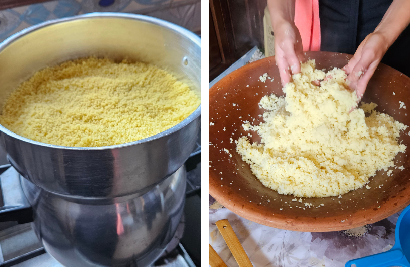 steaming couscous and working it by hand to remove all traces of lumps