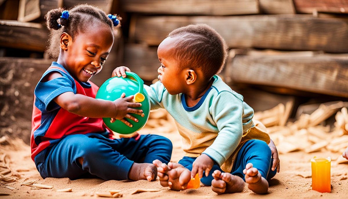 Two infants at play with each other