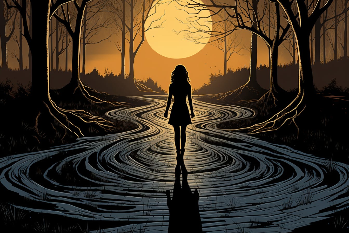 graphic novel illustration of a silhouette of a woman in a forest. She is standing on a swirling ground and gazing at the sun. 