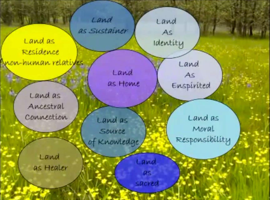 Slide from Robin's talk showing the same meadow of yellow wildflowers with text bubbles. The bubbles read: Land as Sustainer. Land as Identity. Land as Residence non-human relativs. Land as Home. Land as Ancestral Connection. Land as Healer. Land as Source of Knowledge. Land as Enspirited. Land as Moral Responsibility. Land as Sacred.