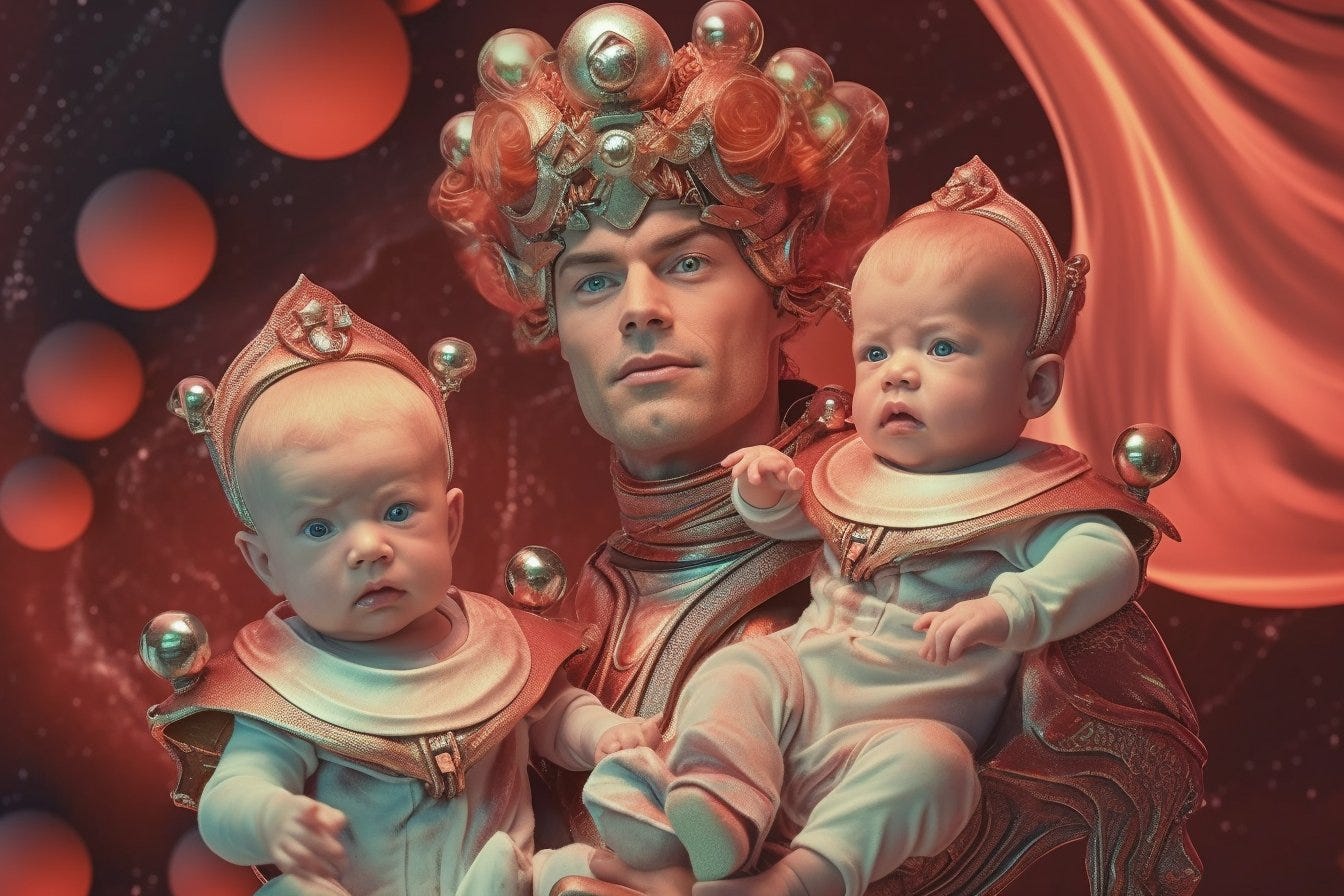 A hyper - realistic GoPro selfie of a smiling glamorous Influencer with the space God Jupiter and his two baby twins. Extreme environment. --ar 3:2 --s 750 --v 5.1
