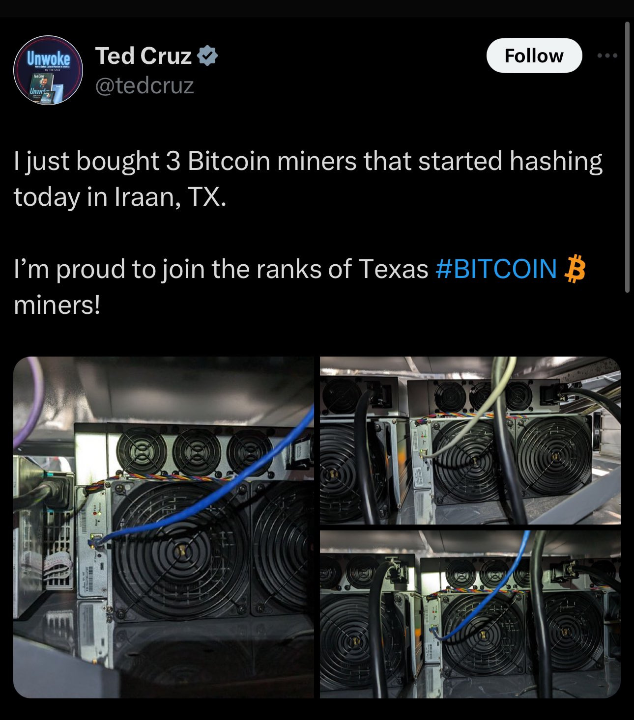 Watcher.Guru on X: "🇺🇸 Senator Ted Cruz says he purchased 3 #Bitcoin  miners that started mining in Texas. https://t.co/V5iCiBvc2c" / X