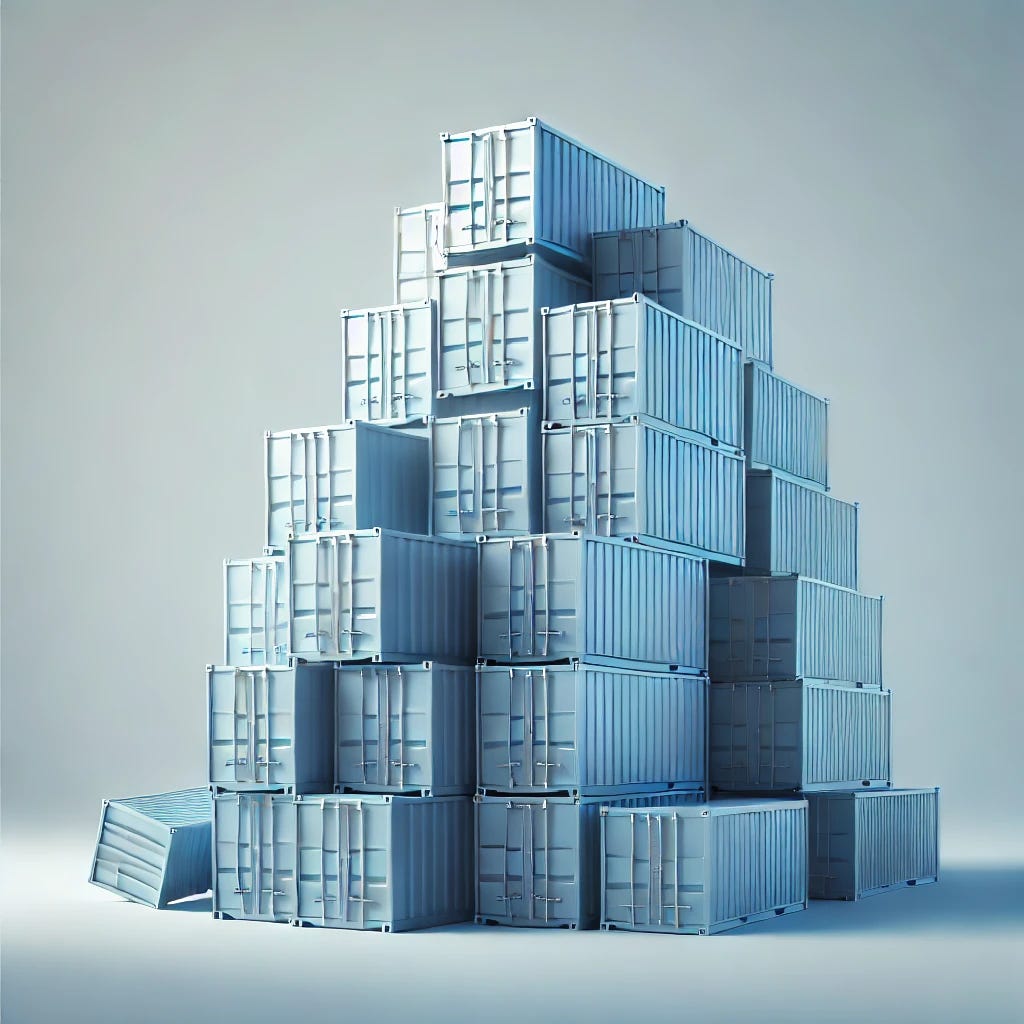 A clean, symbolic, semi-3D illustration of stacked shipping containers in various shades of cool blue. The stack is tall but unstable, with a few containers slipping or fallen at the base. The containers are arranged neatly but suggest a fragile or overreaching structure. The background is minimal and softly lit to emphasize depth, shadows, and calm visual clarity. No text, no people, no additional objects — just the symbolic stack of shipping containers representing fragile tariff revenue. Editorial, modern aesthetic with gentle gradients and subtle lighting effects.