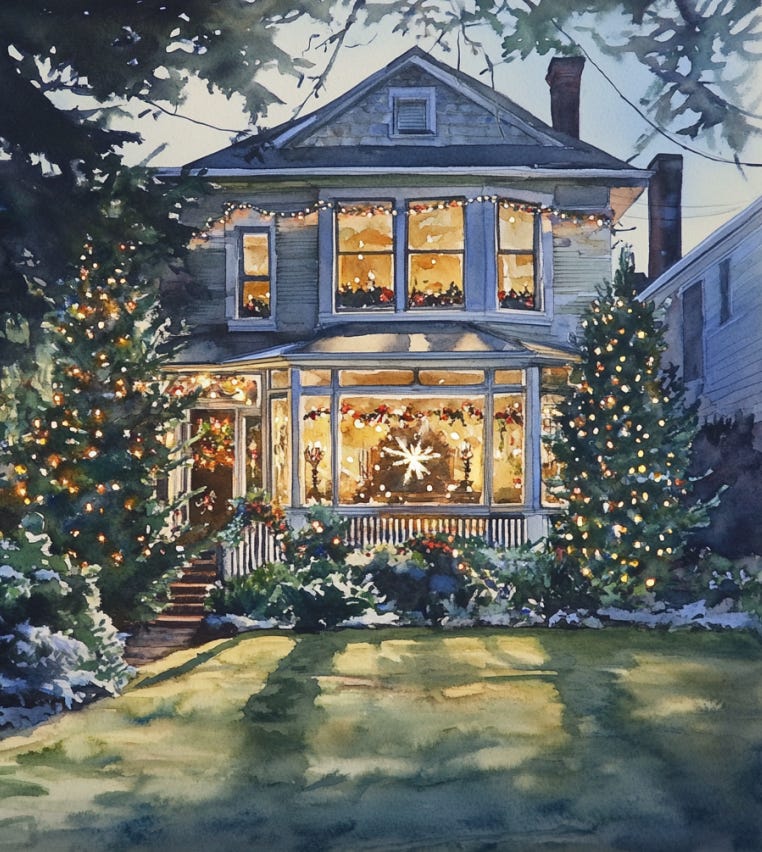 water color of a house decorated in Christmas lights