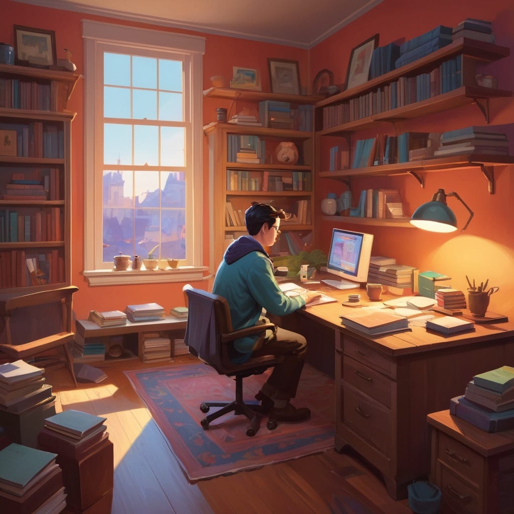 A cozy and contemporary environment, like a famous writer's home office, surrounded by friends. The primary subject is the writer's workspace, furnished with vintage wooden desks and shelves lined with books. This image is a vivid and detailed painting, capturing the warm ambiance of the room. Every element in the scene exudes a sense of comfort and creativity, from the soft lighting to the lingering scent of coffee. The colors are rich and inviting, and the composition is expertly crafted, immersing viewers in the inviting atmosphere of literary inspiration and camaraderie.