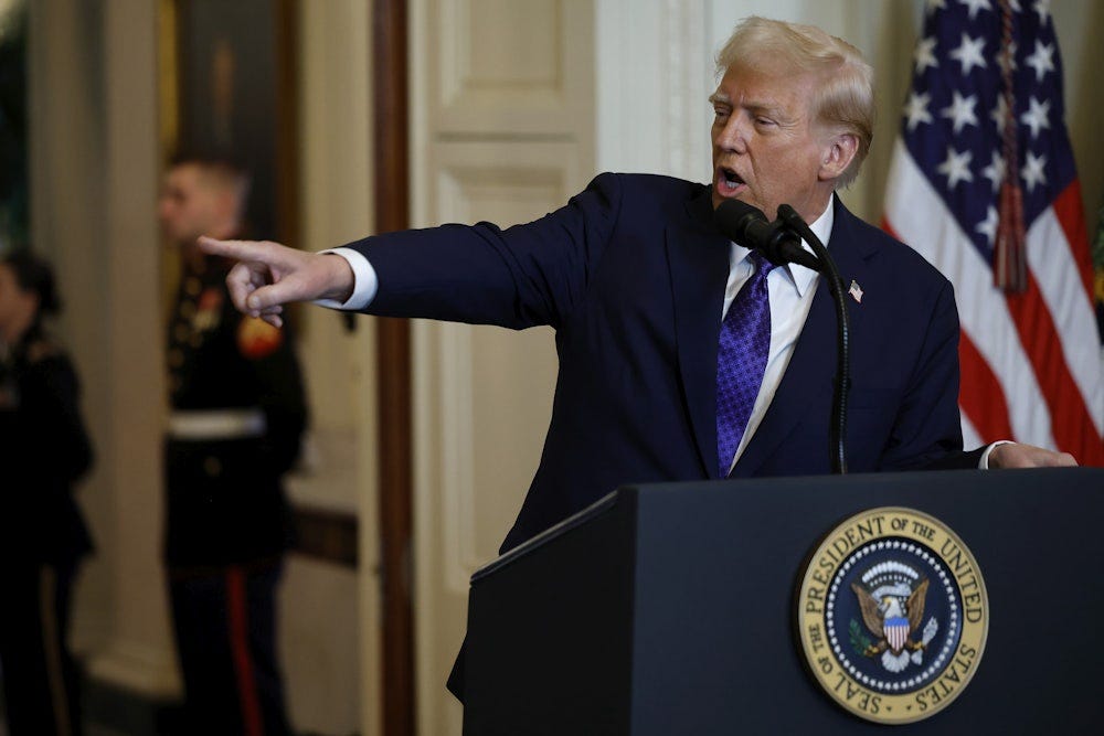 Donald Trump delivers remarks before signing the Laken Riley Act, the first piece of legislation passed during his second term in office. 