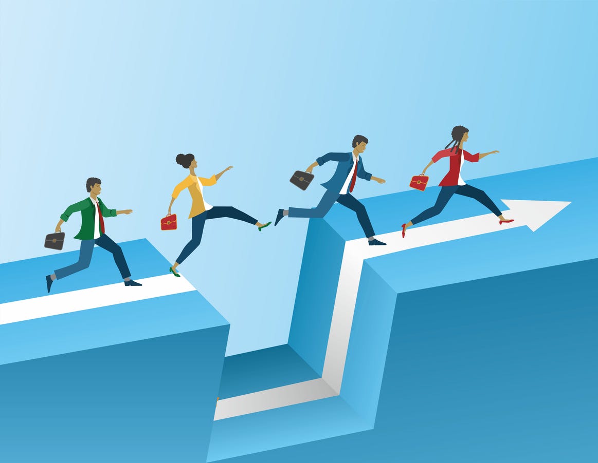 Businesspeople jumping over a gap to follow an arrow. 