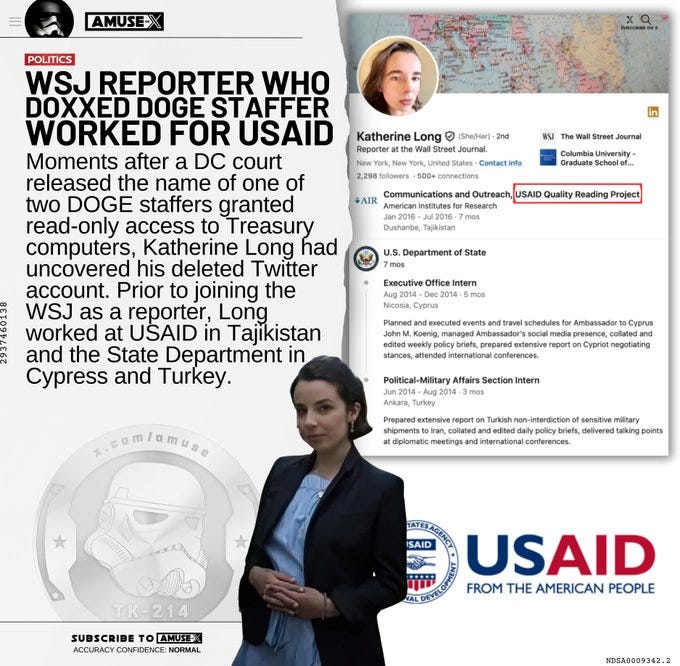 Moments after a DC court released the name of one of two DOGE staffers granted read-only access to Treasury computers, Katherine Long had uncovered his deleted Twitter account. Prior to joining the WSJ as a reporter, Long worked at USAID in Tajikistan and the State Department in Cypress and Turkey.