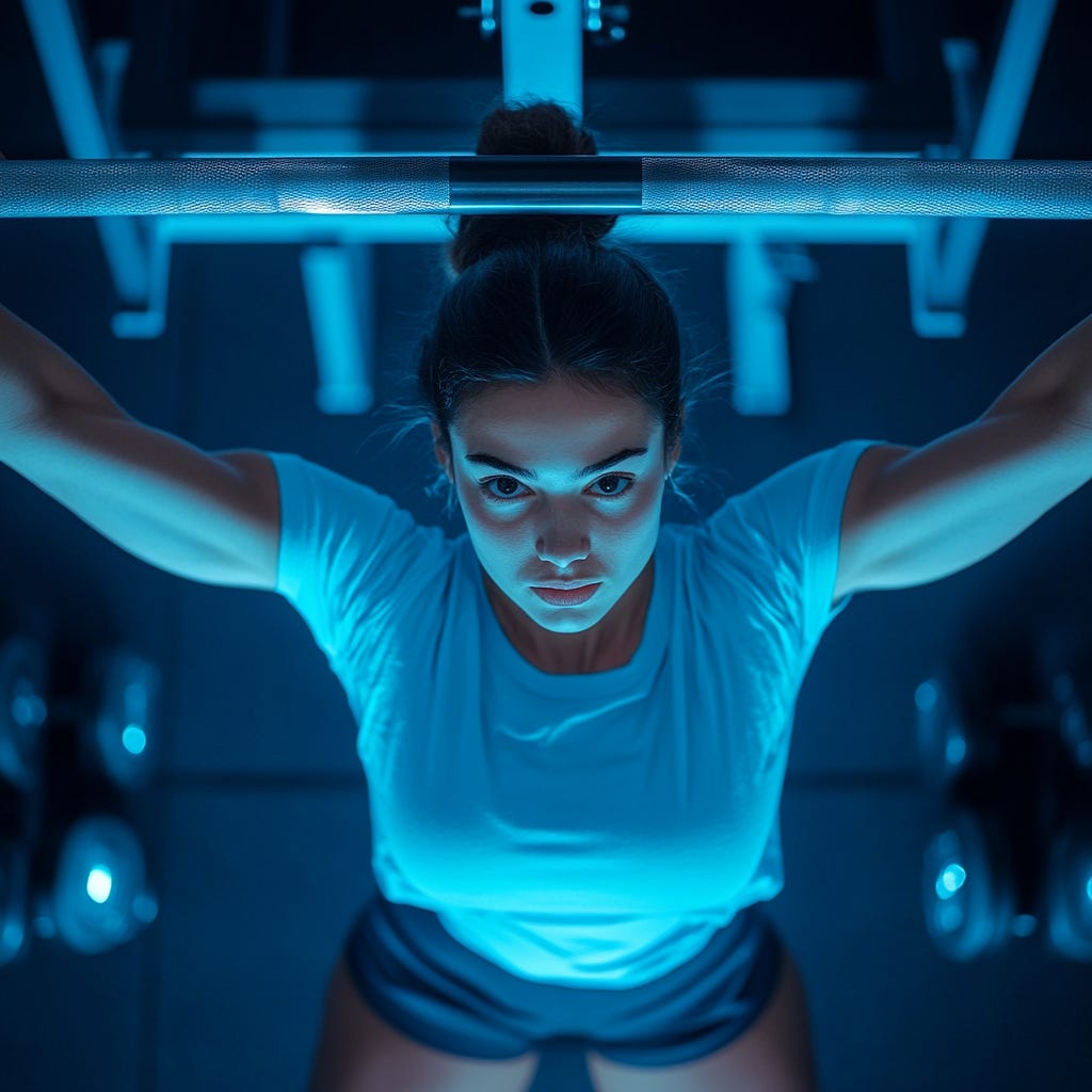 Strong female weightlifter with a barbell over her head in a gym wearing light blue gym gear.