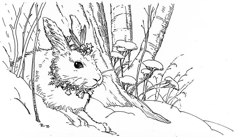 Pen and ink drawing of a bunny with paws in front of it nestled in the snowy nook of a tree trunk . Between the bunny’s ears lays a winter sprite with wings aflutter as it holds out a 5-pointed star oranment.