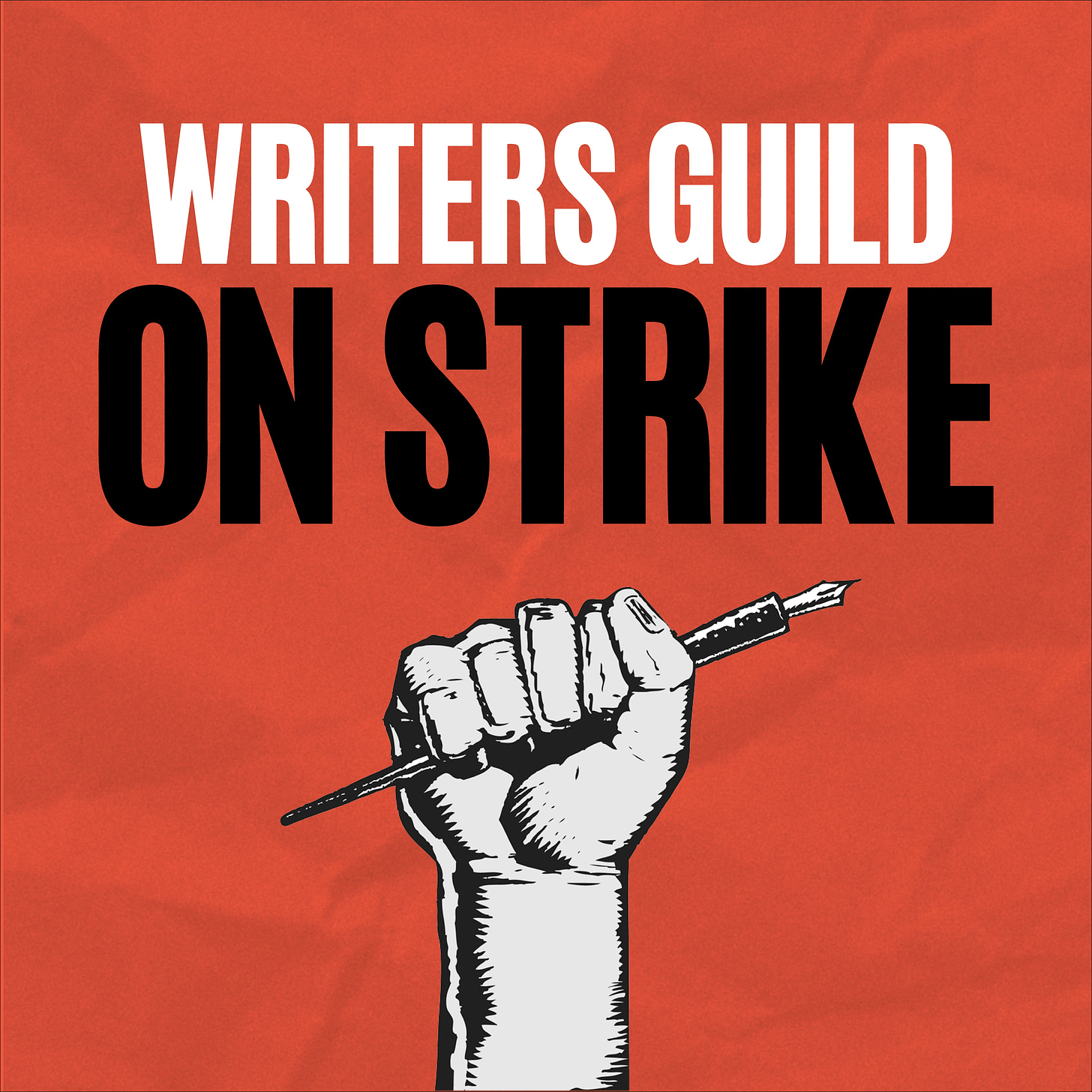 Writers Guild On Strike image with orange background and a fist clutching a pen.