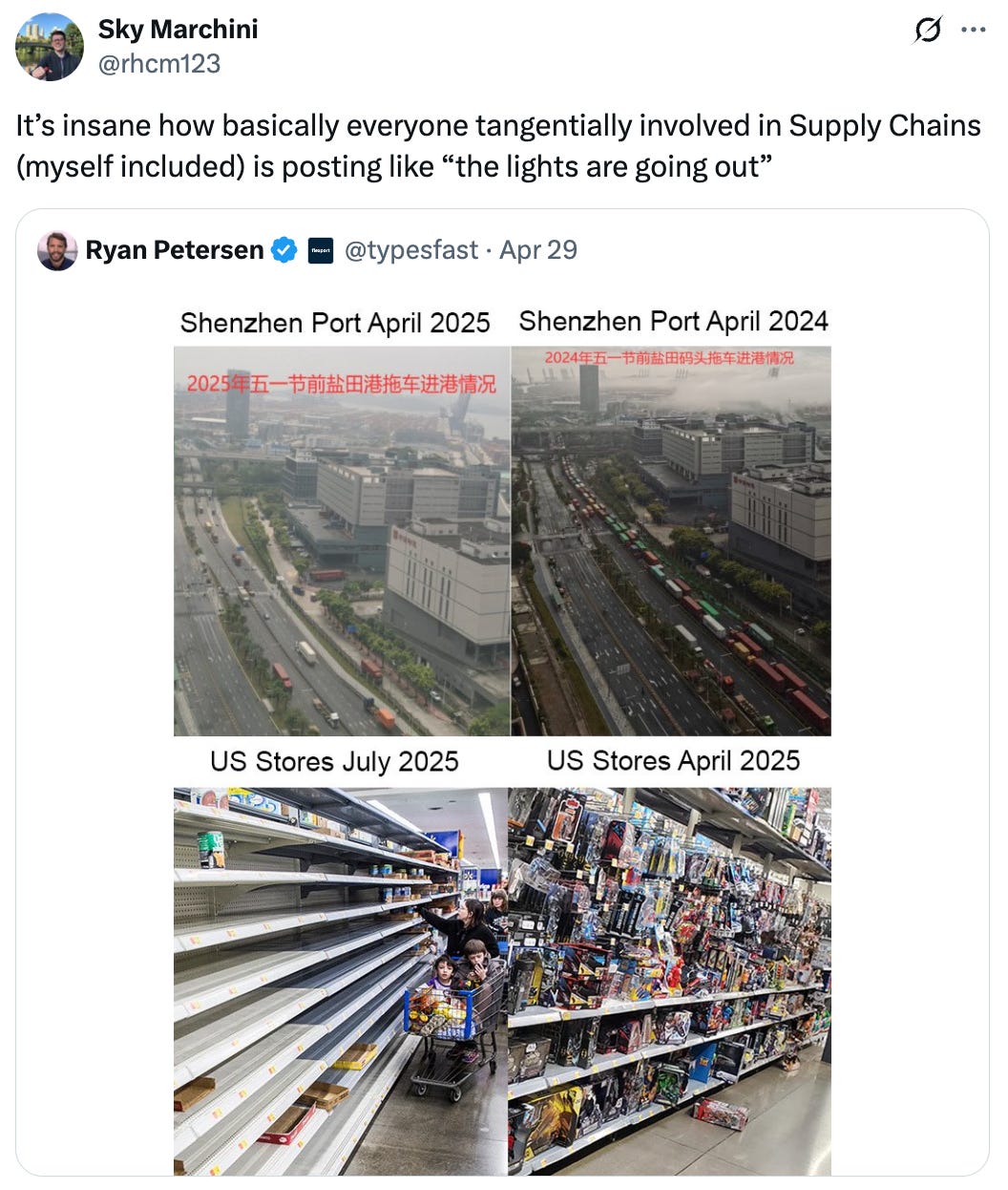Post  See new posts Conversation Sky Marchini @rhcm123 It’s insane how basically everyone tangentially involved in Supply Chains (myself included) is posting like “the lights are going out” Quote Ryan Petersen  @typesfast · Apr 29