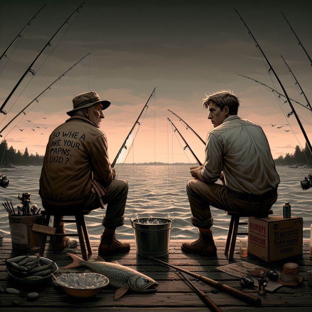 My father took me fishing the day after I barely graduated from high school.  I didn’t really like to fish, but I had nothing else to do, so I figured what the hell?  The problem was as soon as we cast our rods, he said, “So what are your plans?”  Which was a question I really wasn’t interested in answering at that point in my life.  So I didn’t; which really pissed him off.  “Well?” he said.   “Gimme a break, Dad…”   That was all he needed to hear.   “Give you a break?”  “Ye