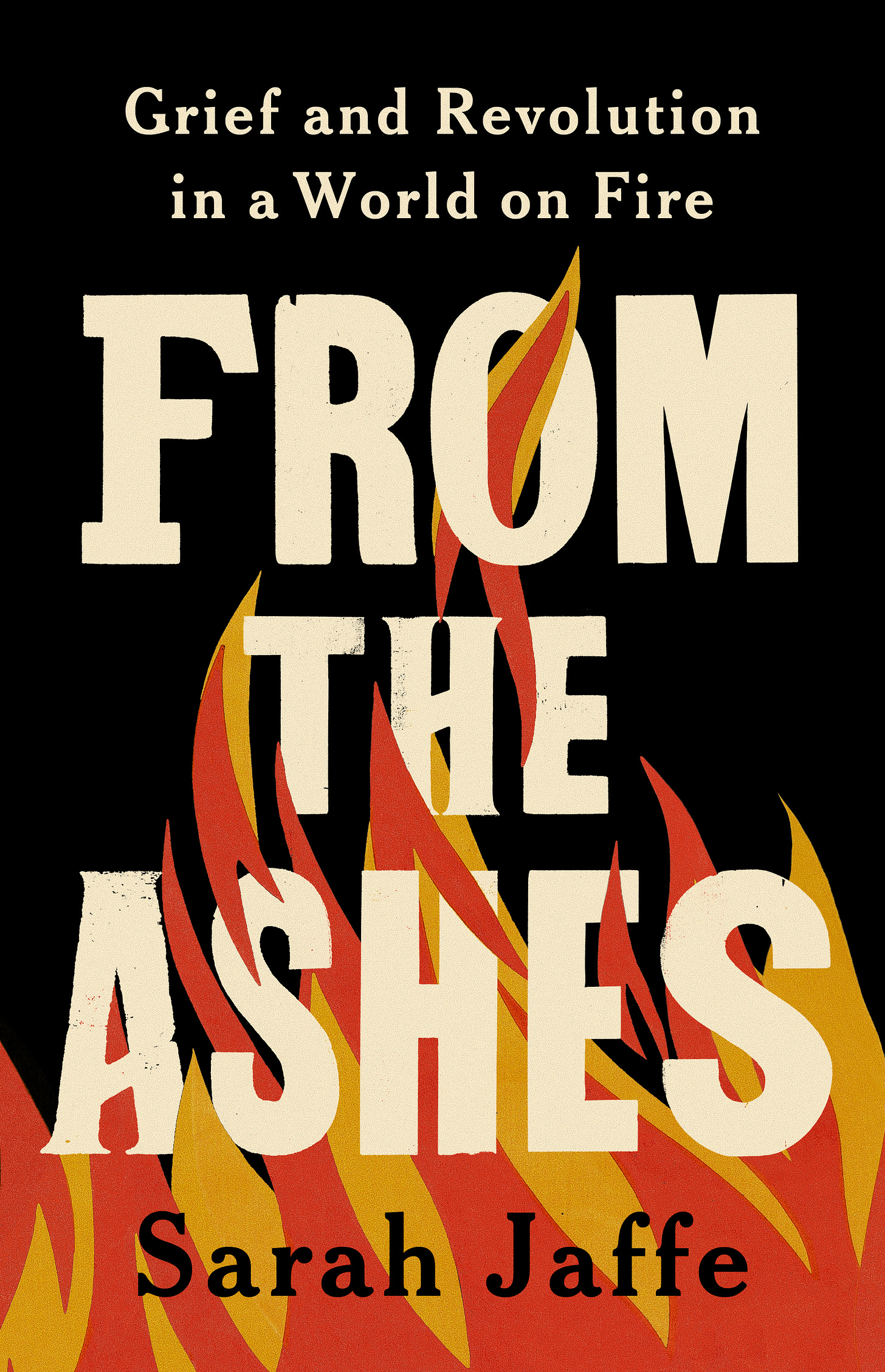 Book cover: on a black background, the words FROM THE ASHES with flames twining through them, and the subtitle Grief and Revolution in a World on Fire
