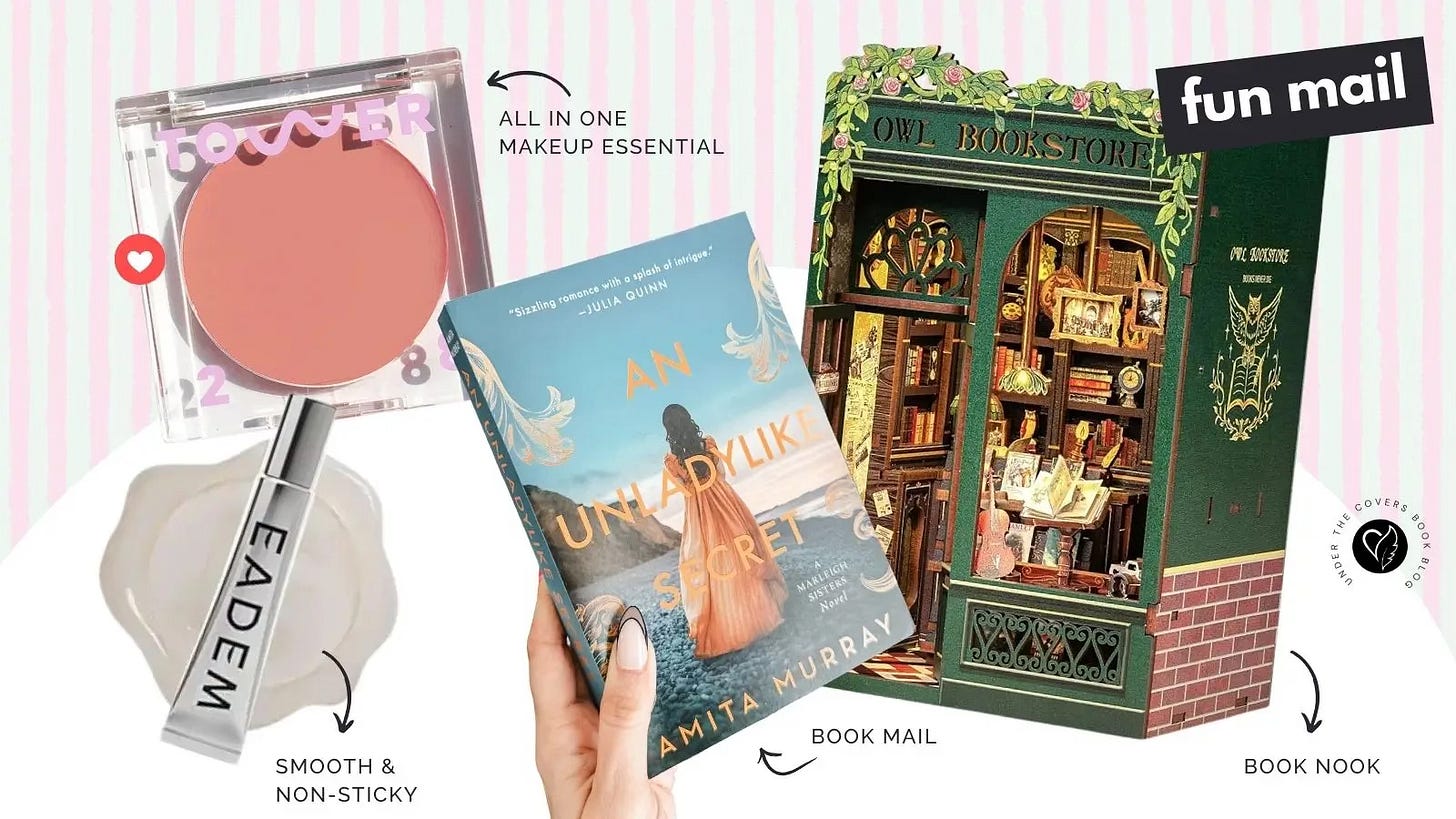 Flatlay collage of recent mail including Tower 28 blush, Eadem lip gloss, the novel An Unladylike Secret by Amita Murray, and the Owl Bookstore DIY book nook kit.