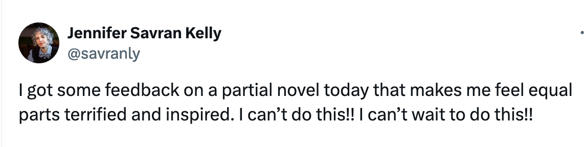 Screenshot of a Twitter post: I got some feedback on a partial novel today that made me feel equal parts terrified and inspired. I can't do this!! I can't wait to do this!!