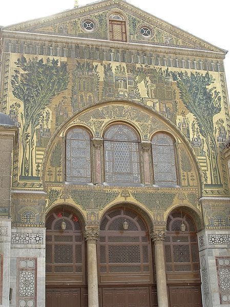 Umayyad Mosque (built 715 CE) Facade. 8th-century mosaics. Damascus, Syria Umayyad Mosque (built 715 CE) Facade. 8th-century mosaics. Damascus, Syria