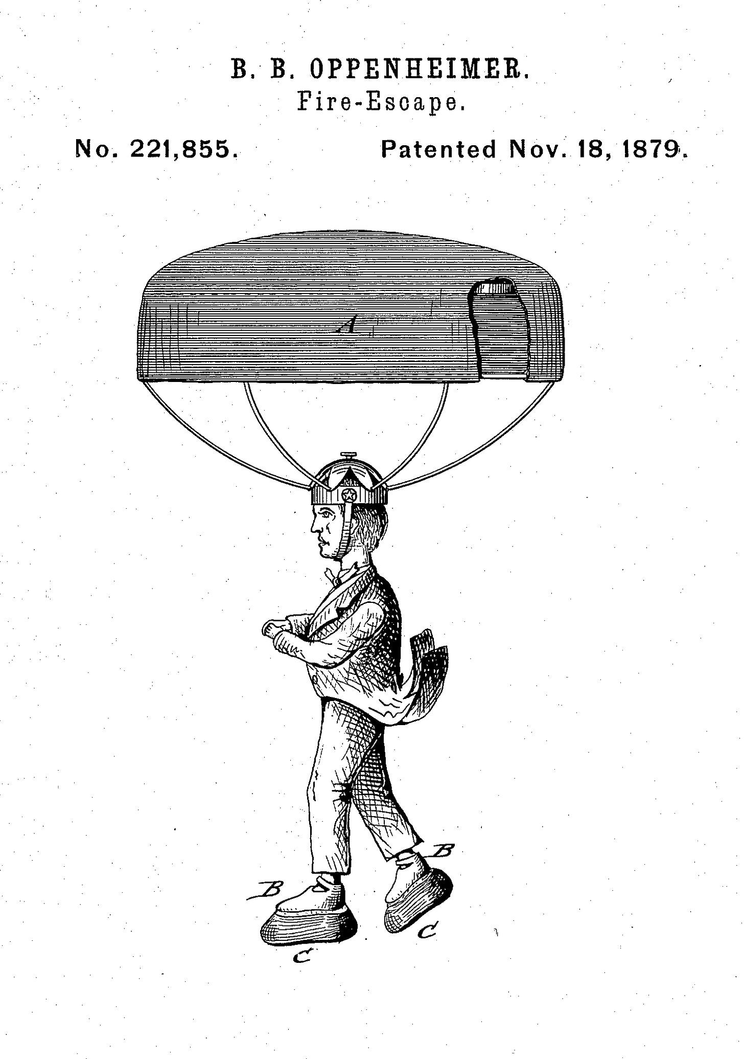 A patent showing a main with a parachute attached to his head and thick padded landing shoes.