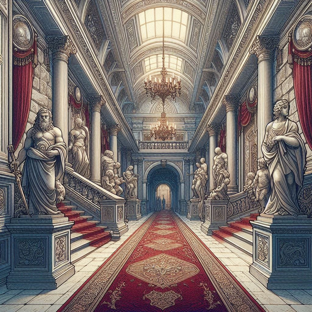 mansion hallway with marble statues and red carpet, dungeons and dragons fantasy drawing